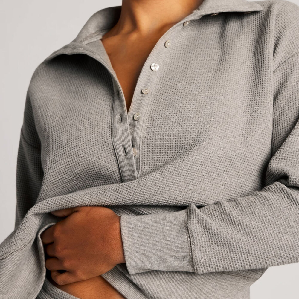 Negative Waffle Knit Pullover Gray Cotton Henley Sweater Size M